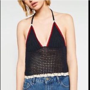 Zara Trafaluc    Size S    BOHO CROCHET HALTER TOP   Red-White-Navy   Runs Large